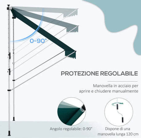 Tenda-da-Sole-da-Esterno-2x1.5m-a-Rullo-con-Manovella,-Altezza-e-Angolazione-Regolabile,-Verde-QW6840-182GNQW6