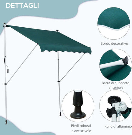 Tenda-da-Sole-da-Esterno-2x1.5m-a-Rullo-con-Manovella,-Altezza-e-Angolazione-Regolabile,-Verde-QW6840-182GNQW6