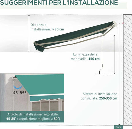 Tenda-da-Sole-per-Esterno-Avvolgibile-a-Manovella-in-Metallo-e-Alluminio,-4x2.5m,-Verde-Scuro-ED4840-151GNED4