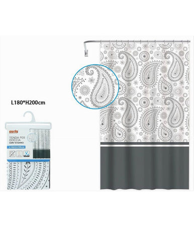 Tenda Doccia Vasca Bagno 12 Anelli 180x200 Cm Motivo Paisley Etnico Grigio 87581