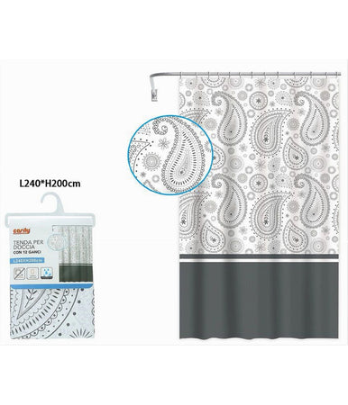 Tenda Doccia Vasca Bagno 12 Anelli 240x200cm Motivo Paisley Etnico Grigio 87582