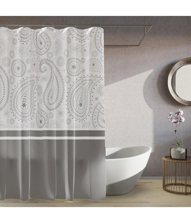 Tenda Doccia Vasca Bagno 12 Anelli 240x200cm Motivo Paisley Etnico Grigio 87582