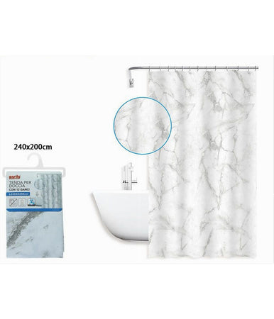 Tenda Doccia Vasca Bagno Impermeabile Marmo Bianco 240x200cm Con 12 Anelli 87594