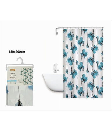 Tenda Doccia Vasca Impermeabile 12 Ganci Decorazione Fiori Blu 180x200 Cm 79224