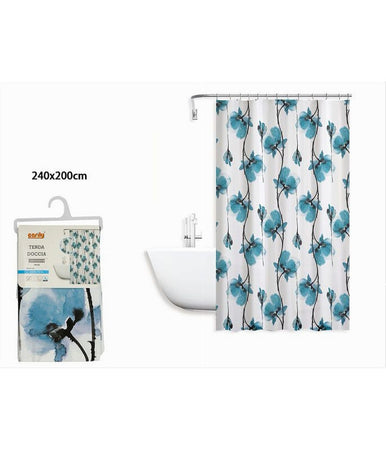 Tenda Doccia Vasca Impermeabile 12 Ganci Decorazione Fiori Blu 240 X 200cm 79225