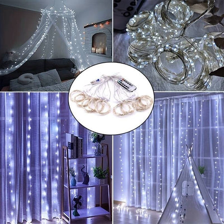 Tenda-Led-In-Filo-Di-Rame-Con-Telecomando-3mx3m-Decorzione-Feste-Matrimoni-Natalizie-Luce-Calda-O-Bianca