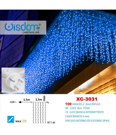 Tenda Luminosa Natalizia 100 Led Luce Blu Fissa + Bianca Intermittente Xc-3031