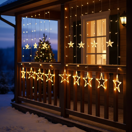 Tenda Luminosa Natalizia 140led Con Stelle Bianco Caldo 2mt Esterno Prolungabile