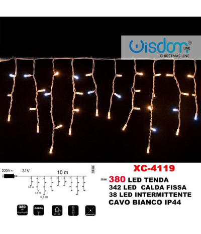 Tenda Luminosa Natalizia 380 Led Luce Calda Fissa + Intermittente Ip44 Xc-4119