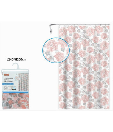Tenda Per Doccia Vasca Da Bagno 12 Ganci Stampa Fiori Rosa Grigi 240x200cm 87576