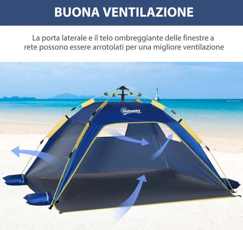 Tenda-Spiaggia-Pop-Up-con-2-Finestre-Traforate-e-Porta-Richiudibile,-220x173x120cm-Blue-e-Giallo-CT7A20-166CT7