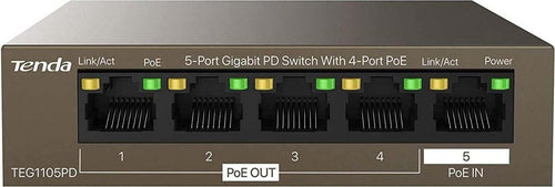 Tenda Switch PoE 5 Porte Gigabit TEG1105PD 4 Porte PoE OUT e 1 Porta PoE IN Nessun Adattatore di Alimentazione Plug and Play in Metallo Ideale per Sistemi di Sorveglianza IP - Confezione danneggiata