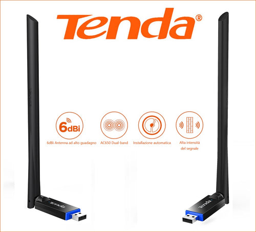 Adattatore USB Wi-Fi Dual Band 2.4/5 GHz 6dBi Alto Guadagno TENDA U10