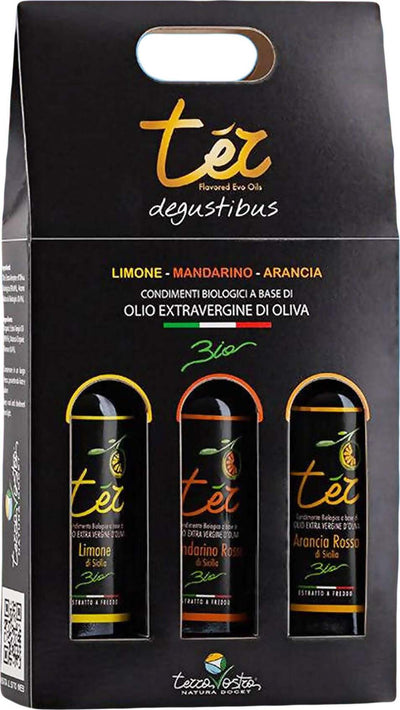 TER DEGUSTIBUS - 3x100ml Olio EVO Biologico Aromatizzato Tris di Oli Aromatizzati BIO agli Agrumi 100% Sicilia Limone Arancia Rossa Mandarino Olio Siciliano Made in Italy Olio EVO Aromatizzato agli agrumi Biologico TERRAVOSTRA Natura Docet - Capo d’Orlando, Commerciovirtuoso.it