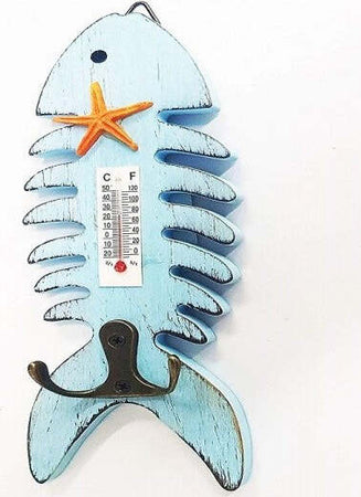 Termometro-Analogico-Legno-Da-Parete-Pesce-Azzurro-Doppio-Gancio-Per-Chiavi