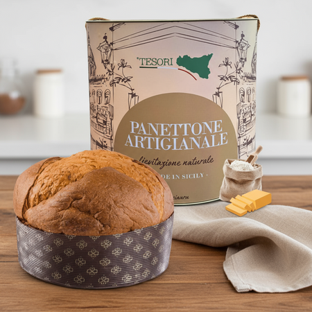 Tesori di sicilia panettone artigianale pandorato 1kg, latta siciliana "ù ciauru di palermo" per panettone a lievitazione naturale con mazzo di carte siciliano omaggio