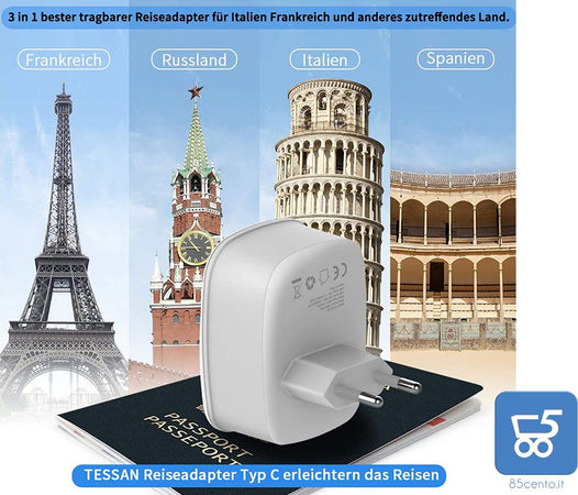 TESSAN adattatore da viaggio presa europea - tedesca con 2USB (2.4A),  presa Schuko e spina europea