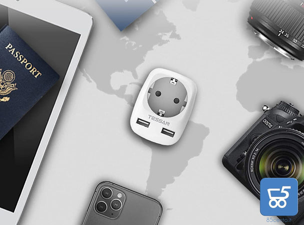 TESSAN adattatore da viaggio presa europea - tedesca con 2USB (2.4A),  presa Schuko e spina europea