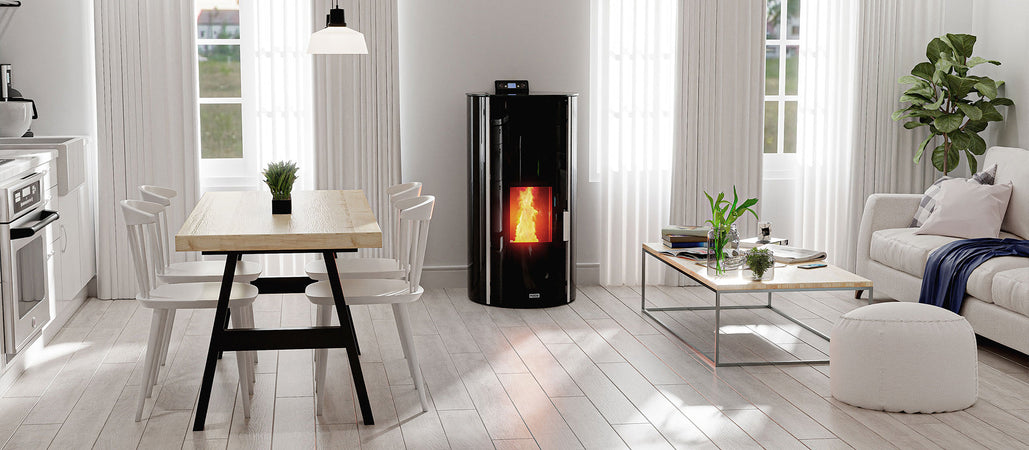 Termo Stufa a pellet 17 kw Hydro "Sfera Glass" per ambienti moderni h 113 cm