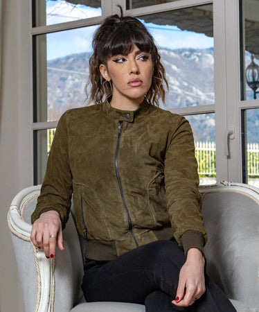 Timberly---Bomber-Donna-Verde-in-vera-pelle-camoscio