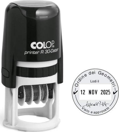 Timbro datario R30 - diametro 30 mm - 4 righe - autoinchiostrante - personalizzabile - Colop Cancelleria e prodotti per ufficio/Archivio ufficio e accessori per scrivania/Etichette divisori per schedario e timbri/Timbri e materiali per timbri/Timbri Eurocartuccia - Pavullo, Commerciovirtuoso.it