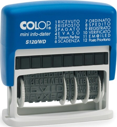 Timbro Mini Info Dater S120-WD Datario + Polinomio - 12 diciture 4 mm - autoinchiostrante - Colop Cancelleria e prodotti per ufficio/Archivio ufficio e accessori per scrivania/Etichette divisori per schedario e timbri/Timbri e materiali per timbri/Timbri Eurocartuccia - Pavullo, Commerciovirtuoso.it