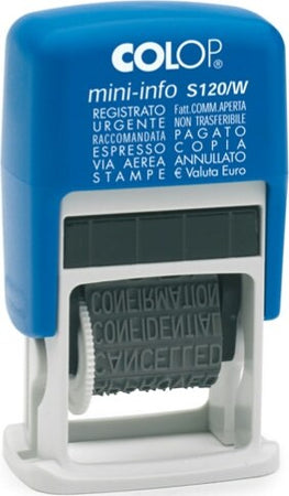 Timbro Mini Info S120-W Polinomio - 12 diciture 4 mm - autoinchiostrante - Colop Cancelleria e prodotti per ufficio/Archivio ufficio e accessori per scrivania/Etichette divisori per schedario e timbri/Timbri e materiali per timbri/Timbri Eurocartuccia - Pavullo, Commerciovirtuoso.it