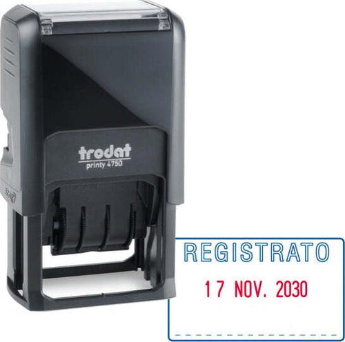 Timbro Printy 4750-L autoinchiostrante - DATA + REGISTRATO - 41x24 mm - 4mm - bicolore -Trodat Cancelleria e prodotti per ufficio/Archivio ufficio e accessori per scrivania/Etichette divisori per schedario e timbri/Timbri e materiali per timbri/Timbri Eurocartuccia - Pavullo, Commerciovirtuoso.it