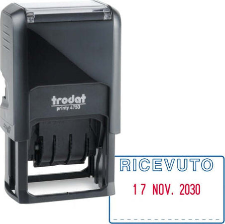 Timbro Printy 4750-L autoinchiostrante - DATA + RICEVUTO - 41x24 mm - 4 mm - bicolore -Trodat Cancelleria e prodotti per ufficio/Archivio ufficio e accessori per scrivania/Etichette divisori per schedario e timbri/Timbri e materiali per timbri/Timbri Eurocartuccia - Pavullo, Commerciovirtuoso.it