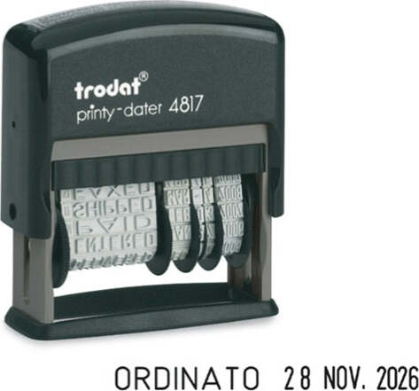 Timbro Printy Dater Eco 4817 Datario + Polinomio - 3 8 mm - autoinchiostrante - Trodat Cancelleria e prodotti per ufficio/Archivio ufficio e accessori per scrivania/Etichette divisori per schedario e timbri/Timbri e materiali per timbri/Timbri Eurocartuccia - Pavullo, Commerciovirtuoso.it