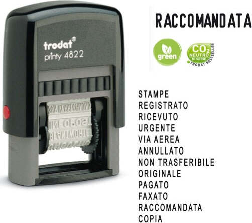 Timbro Printy Eco 4822 Polinome - 12 diciture - 4 mm - autoinchiostrante - Trodat Cancelleria e prodotti per ufficio/Archivio ufficio e accessori per scrivania/Etichette divisori per schedario e timbri/Timbri e materiali per timbri/Timbri Eurocartuccia - Pavullo, Commerciovirtuoso.it