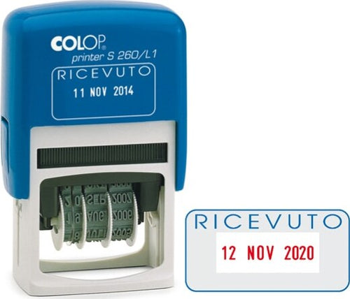 Timbro S260-L1 Datario + RICEVUTO - 4 mm - autoinchiostrante - bicolore - Colop Cancelleria e prodotti per ufficio/Archivio ufficio e accessori per scrivania/Etichette divisori per schedario e timbri/Timbri e materiali per timbri/Timbri Eurocartuccia - Pavullo, Commerciovirtuoso.it