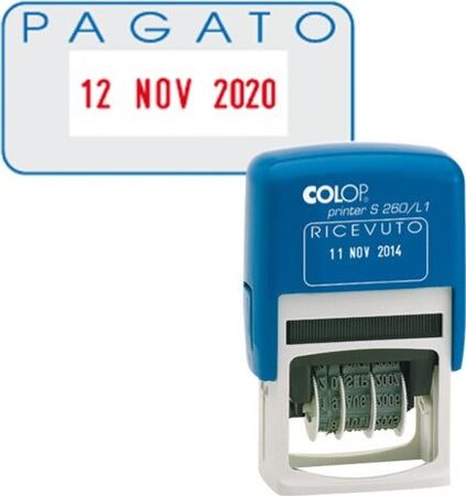 Timbro S260-L2 Datario + PAGATO - 4 mm - autoinchiostrante - bicolore - Colop Cancelleria e prodotti per ufficio/Archivio ufficio e accessori per scrivania/Etichette divisori per schedario e timbri/Timbri e materiali per timbri/Timbri Eurocartuccia - Pavullo, Commerciovirtuoso.it
