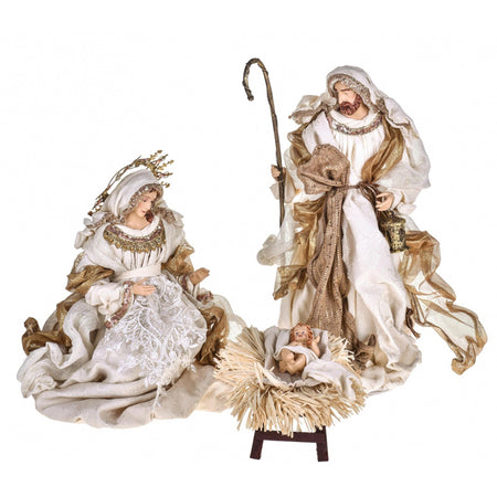Natività completa statue per presepe con vestiti in tessuto Champagne h 46 cm
