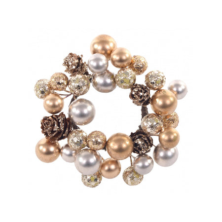 Porta candele con pigne e palline Ø 9 cm centrotavola dorato decorazione natalizia