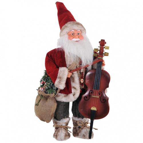 Babbo natale decorazione natalizia pupazzo h 54 cm con contrabbasso e vestiti rossi statuetta