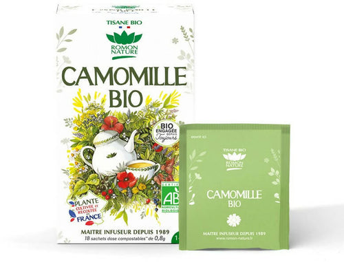 Tisana Bio alla Camomilla - 18 bustine Riscopri il sapore classico della Camomilla! Viene coltivato, raccolto e selezionato esclusivamente in Francia. Dolce, leggera e confortante,