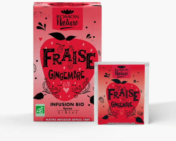 TISANA FRAGOLA E ZENZERO - 16 bustine - il nostro infuso biologico alla fragola e zenzero! Ritrova tutto il sapore fruttato della fragola e della rosa canina condito con zenzero e pepe nero .
