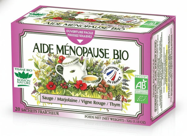 Tisana menopausa bio - 20 buste -Romon nature. infuso formulato con salvia, melissa, timo e vite rossa. la salvia aiuta a ridurre la sudorazione notturna x il benessere durante la menopausa e sostiene la circolazione