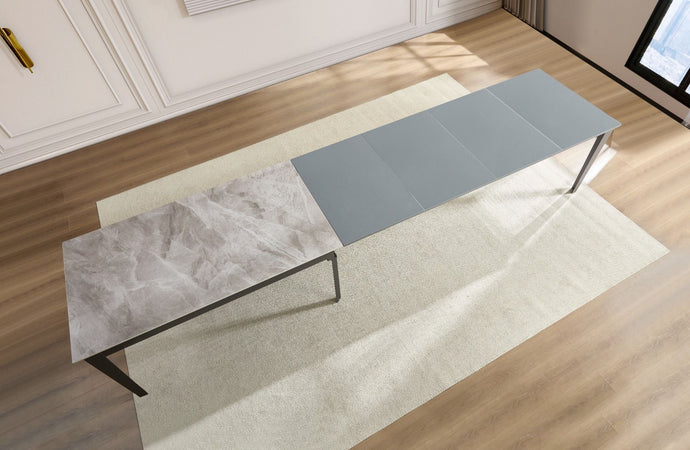 Tavolo "Capella" con gambe in ferro, piano in ceramica e allunghe in MDF 160/400 x 90 x h 75 cm