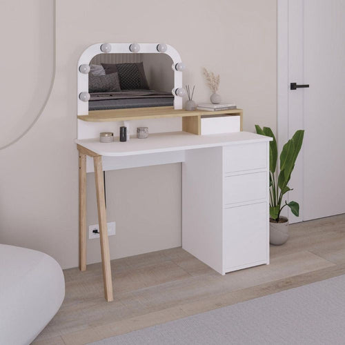 Toeletta Avien con specchio con cornice luci LED colore bianco e rovere