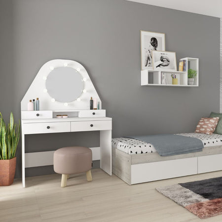 Toeletta da trucco con specchio a luci a led con doppio ripiano e 4 cassetti bianco