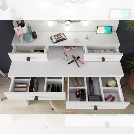 Toeletta da trucco con specchio a luci a led con doppio ripiano e 4 cassetti bianco