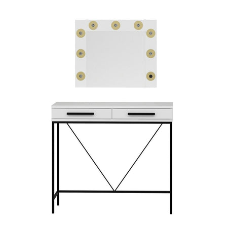 Toeletta da trucco Sane con 2 cassetti bianco con piedi neri e specchio con luci LED lampadine escluse