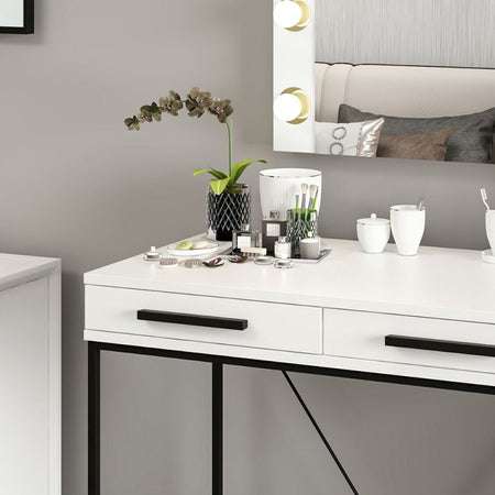 Toeletta da trucco Sane con 2 cassetti bianco con piedi neri e specchio con luci LED lampadine escluse