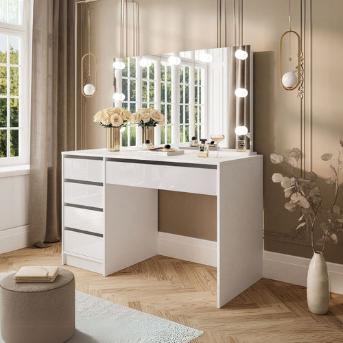 Toeletta Elite 5 cassetti con specchio con lampadine LED colore bianco