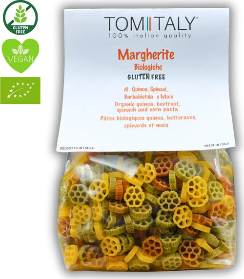 Tomitaly-Margherite-Pasta-Biologica-Tricolore-Di-Mais-Con-Quinoa,-Spinaci,-Barbabietola---Senza-Glutine---250-G
