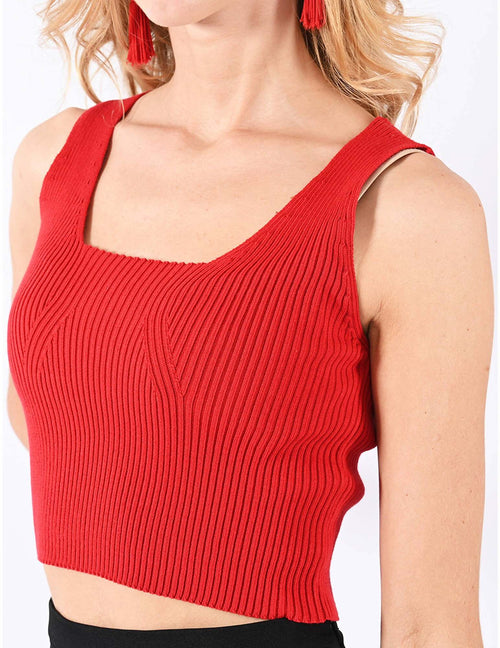 Top Donna in Maglia a Costine Con Collo Squadrato 100% Cotone Made in Italy Crop Top Trendy Corto Ederella