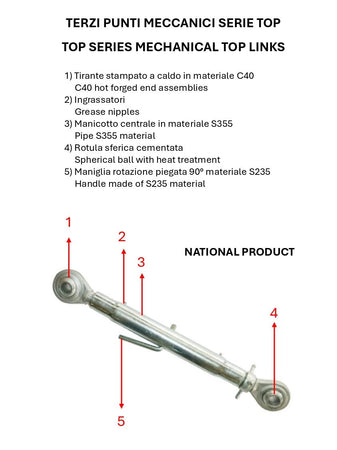 Terzo punto meccanico Top cat. II per trattori otre 90HP lunghezza regolabile 525-760mm tirante filettato M36