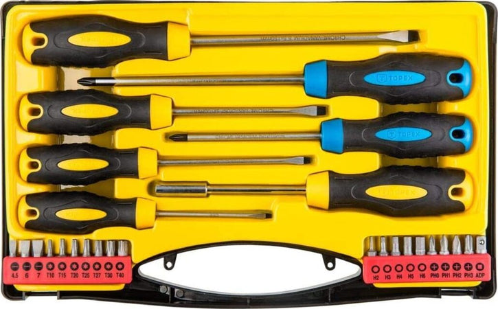 TOPEX---27-PEZZI---CONFEZIONE-7-CACCIAVITI-IN-ACCIAIO-CROMO-VANADIO-CON-PUNTA-CALAMITATA-+-20-INSERTI-PER-CACCIAVITE